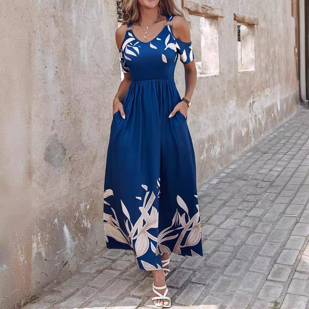 Fashion Shoulder-baring Printed Waist-controlled Long Dress