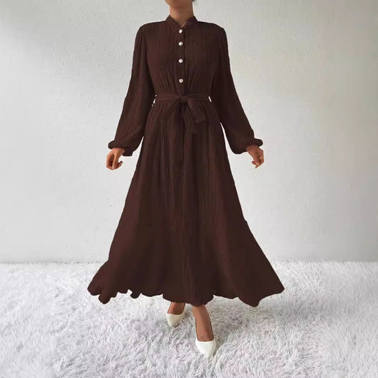 Texture Button Lantern Sleeve Cinched Slimming Long Dress