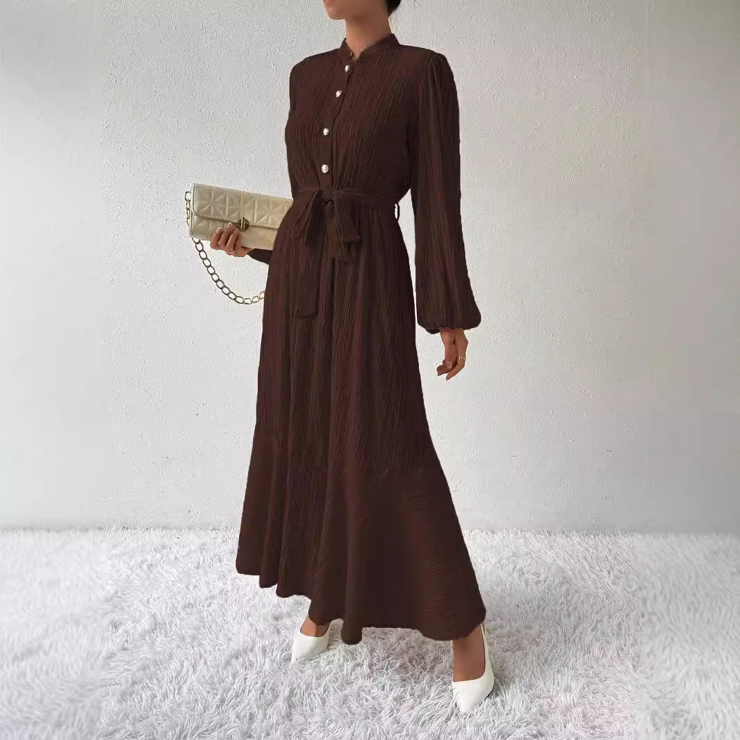 Texture Button Lantern Sleeve Cinched Slimming Long Dress