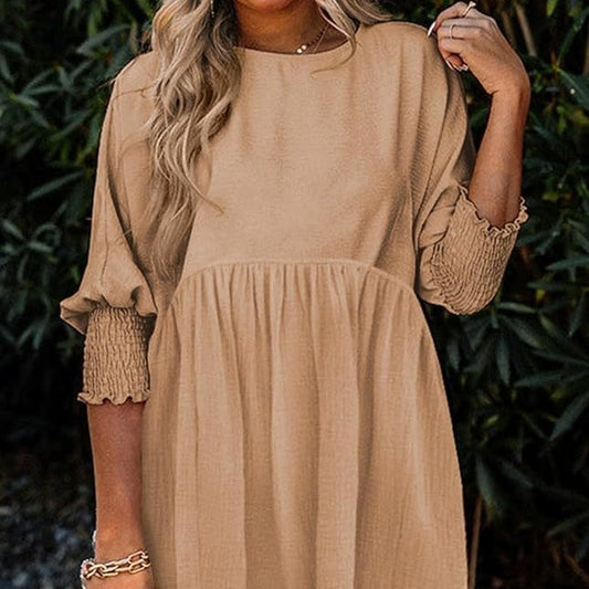 Three-quarter Sleeve Casual Loose Round Neck Batwing Sleeve Smocking Dress Women