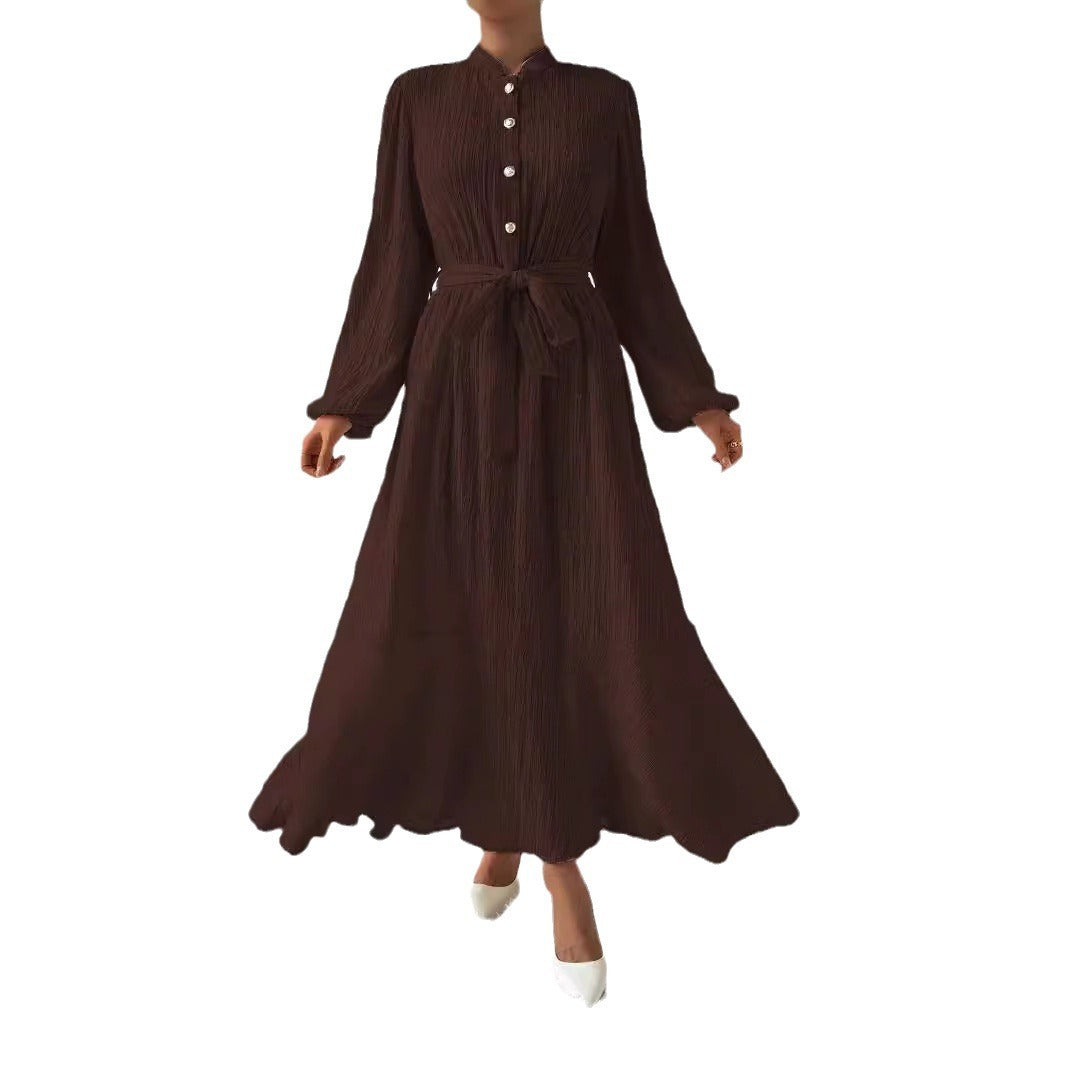 Texture Button Lantern Sleeve Cinched Slimming Long Dress