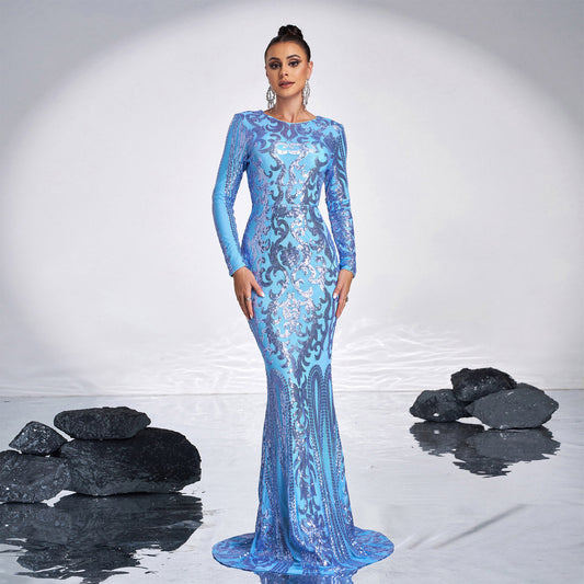European And American High-end Long Sleeve Temperament Crew Neck Sexy Long Sequined Banquet Evening Dress
