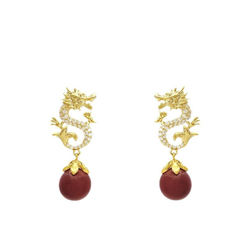 Chinese Style Festive New Year Red Beads Zodiac Dragon Stud Earrings