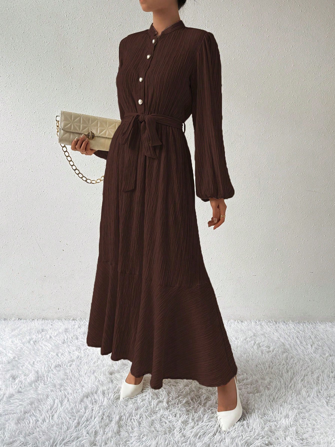 Texture Button Lantern Sleeve Cinched Slimming Long Dress