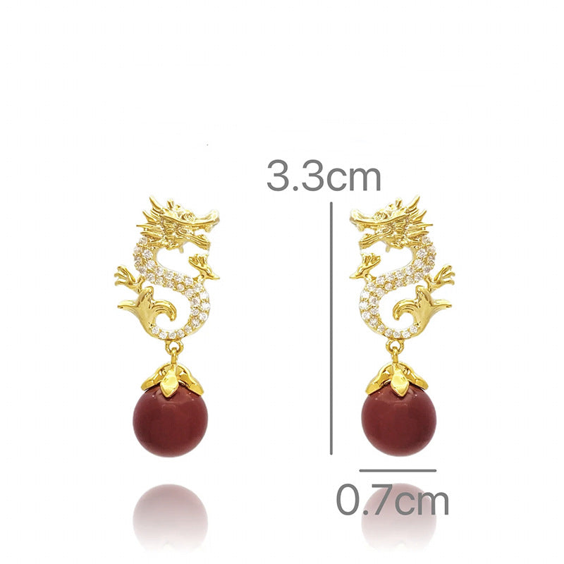 Chinese Style Festive New Year Red Beads Zodiac Dragon Stud Earrings