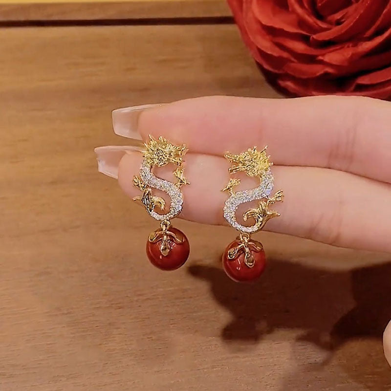 Chinese Style Festive New Year Red Beads Zodiac Dragon Stud Earrings