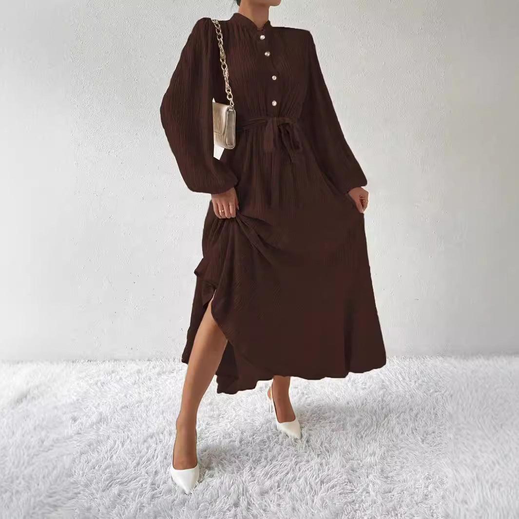 Texture Button Lantern Sleeve Cinched Slimming Long Dress