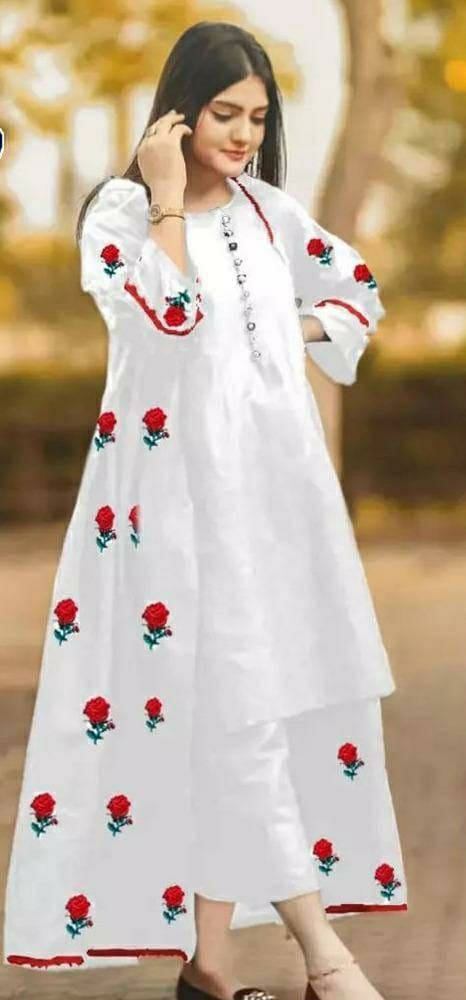 3 Pcs Women's Stitched Katan Silk Embroidered Gown Suit (White)