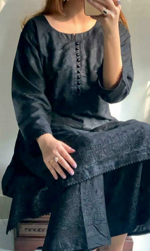 2 Pcs Women's Stitched Chikankari Linen Embroidered Suit (Black Design)