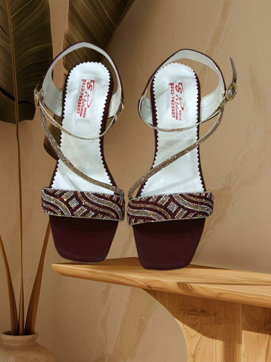 Women's Fancy Heel Sandals (Maroon,Silver Design)