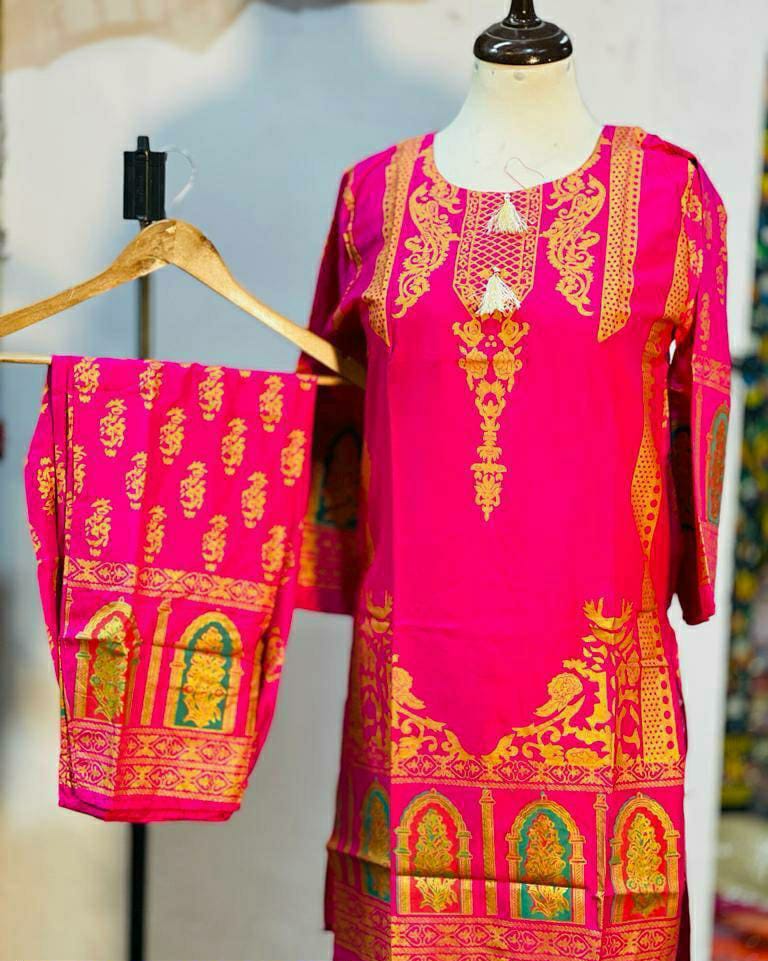 3D Block Printed 2 Pcs Stitched Suit (Pink Design)