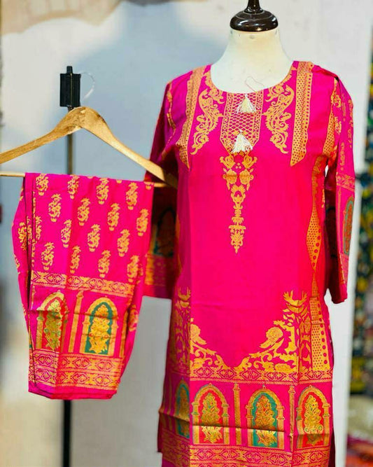 3D Block Printed 2 Pcs Stitched Suit (Pink Design)