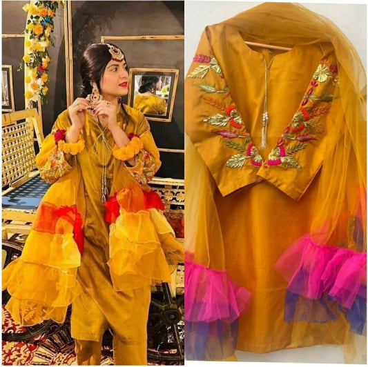 3 Pcs Women's Stitched Katan Silk Embroidered Suit (Mustard)