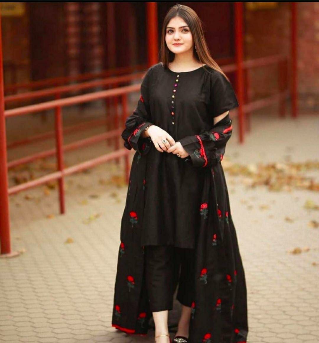 3 Pcs Women's Stitched Katan Silk Embroidered Gown Suit (Black)