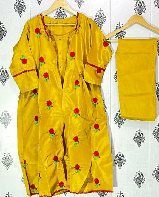 3 Pcs Women's Stitched Silk Embroidered Suit (Yellow)