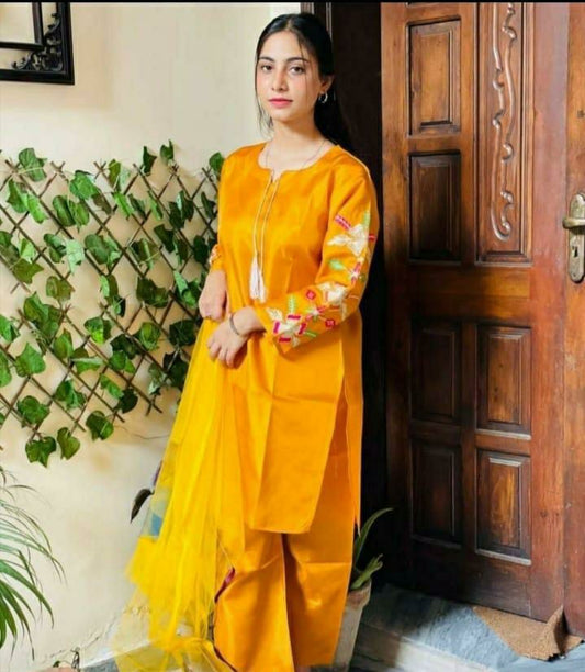 3 Pcs Women's Stitched Katan Silk Embroidered Suit (Yellow)