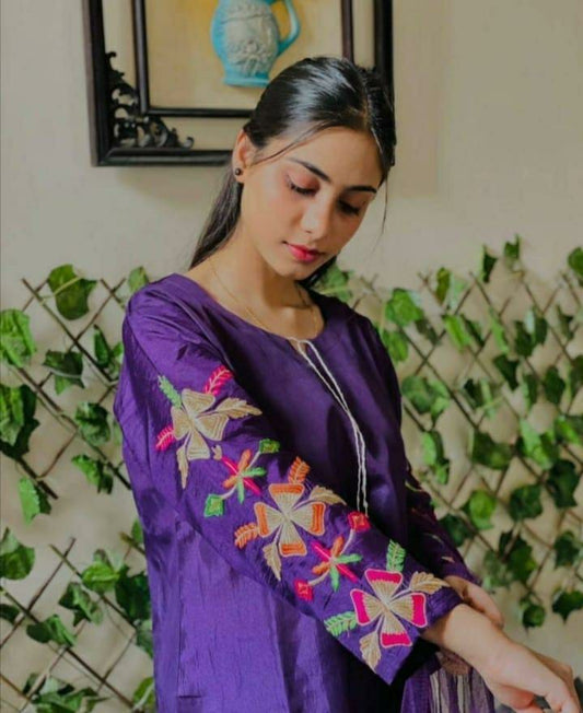 3 Pcs Women's Stitched Katan Silk Embroidered Suit (Purple)