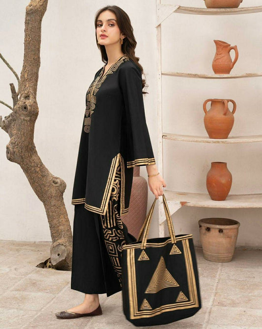 3 Pcs Women's Stitched Linen Printed Suit With Handbag (Black)