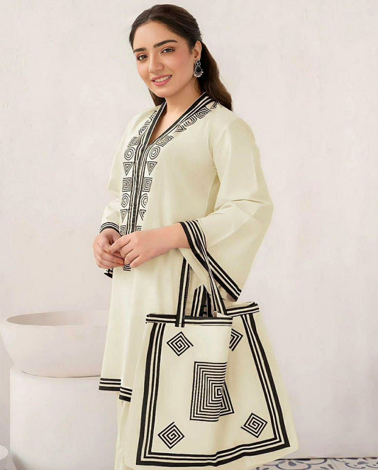 3 Pcs Women's Stitched Linen Printed Suit With Handbag (White)