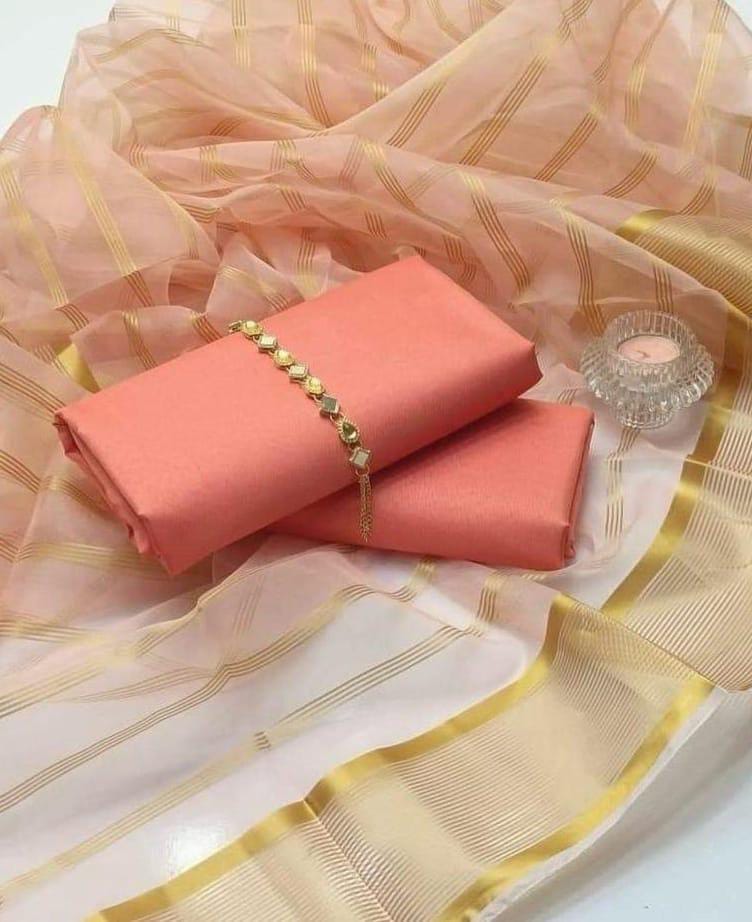 3 Pcs Women’s Unstitched Katan Silk Plain Suit (Pink)