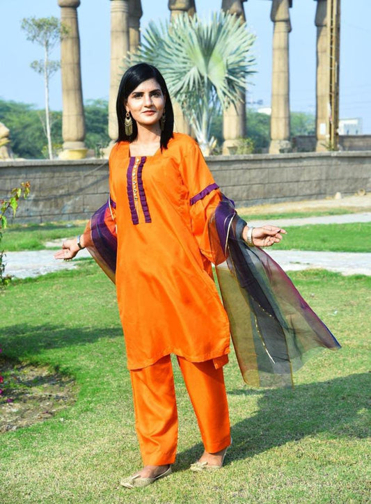 3 Pcs Women's Unstitched Katan Silk Plain Suit (Orange)