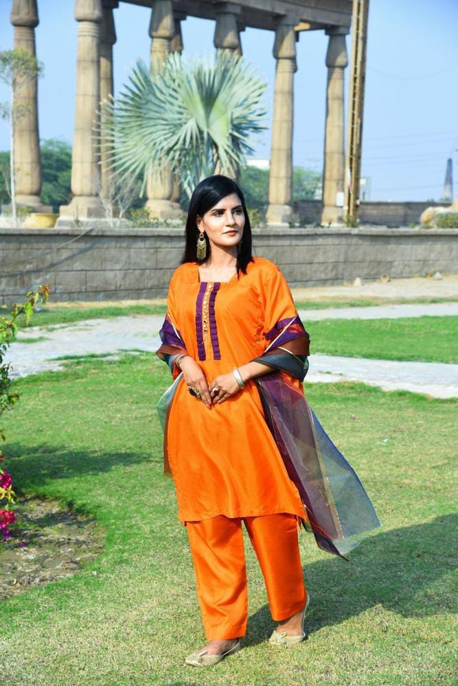 3 Pcs Women's Unstitched Katan Silk Plain Suit (Orange)