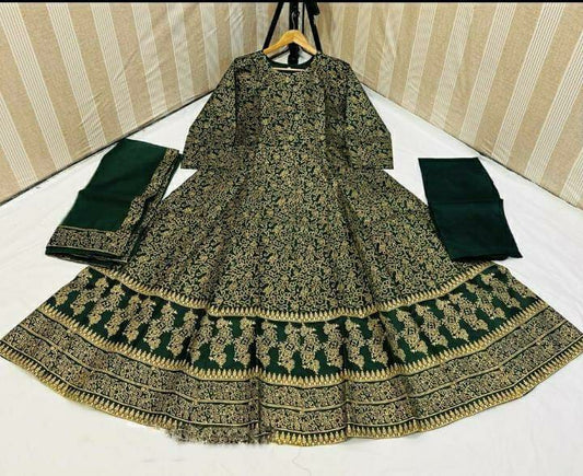 3 Pcs Women's Stitched Katan Silk steam Print Suit (Green)