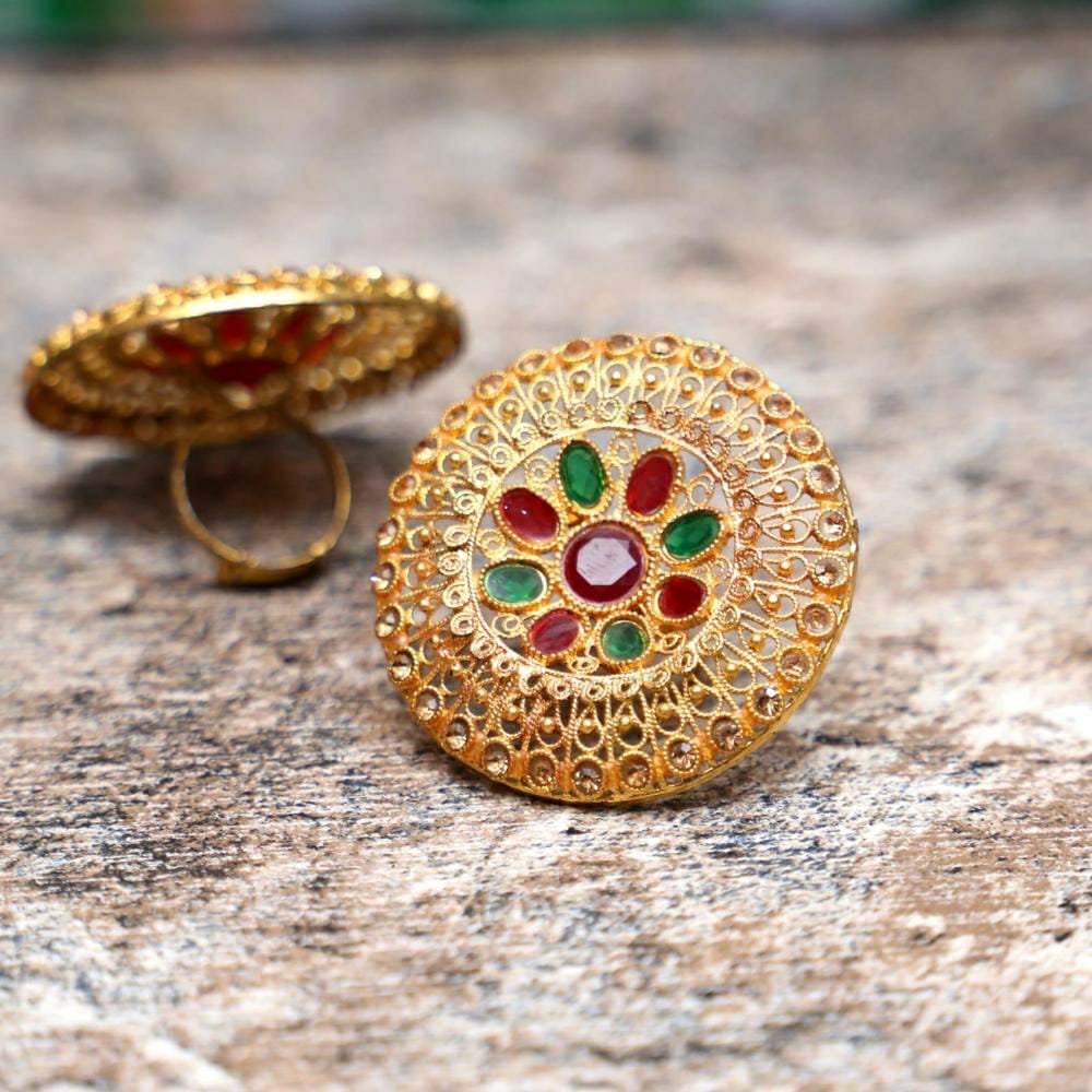 Rajasthani Design Gold Plated Artificial Stones Adjustable Ring (Multicolor)