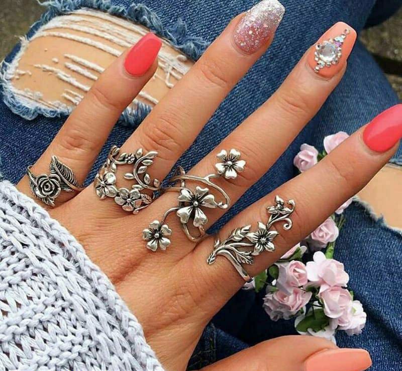 4 Pcs Trendy Antique Flower Ring Set