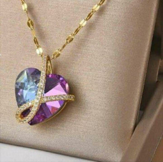 Stunning Heart Design Gold Plated Necklace with Purple Artificial Stones