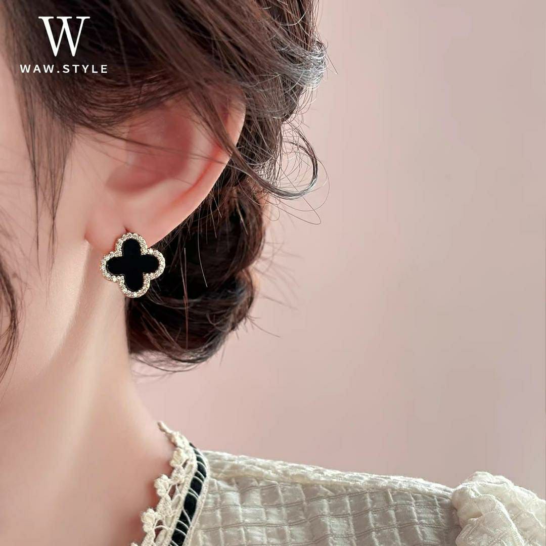 Charming Clover Design Zircon Studs for Women - Black & White Colors