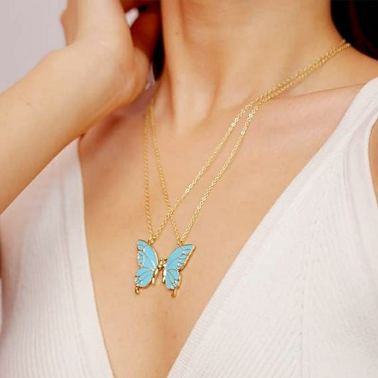 2 Pcs Enamel Butterfly Pendant Necklace