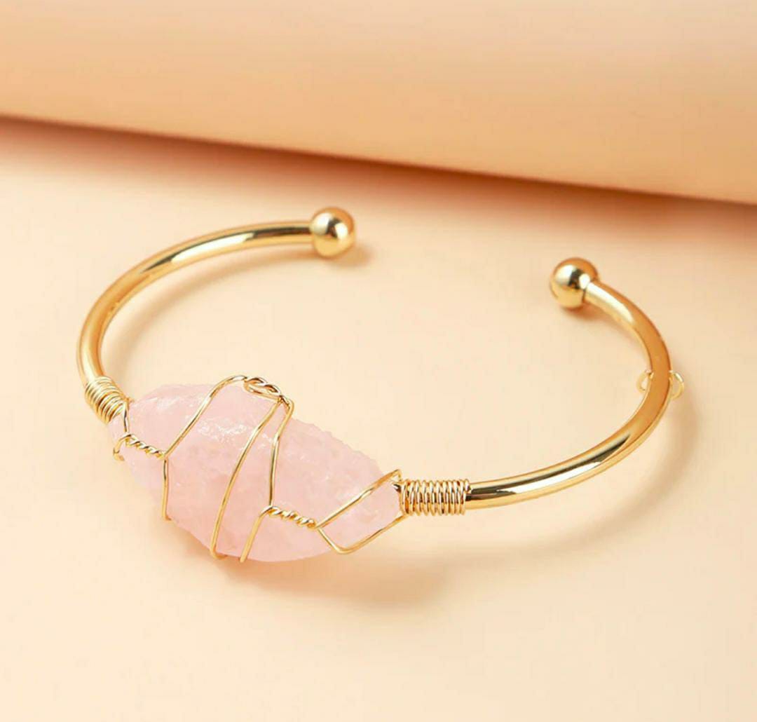 Elegant Pink Gemstone Gold Plated Kara Bracelet - Modern Design, Unisex, Adjustable Fit