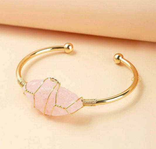 Elegant Pink Gemstone Gold Plated Kara Bracelet - Modern Design, Unisex, Adjustable Fit