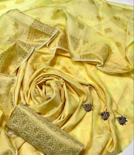 3 Pcs Women's Unstitched Suit (Golden)