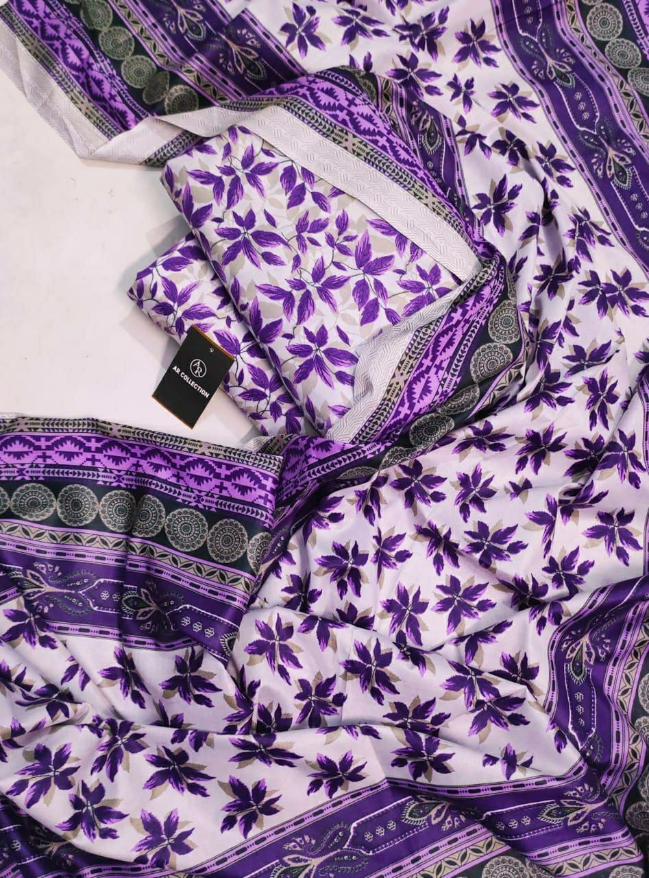 3 Pcs Women's Unstitched Swiss Lawn Printed Suit (Purple Design)