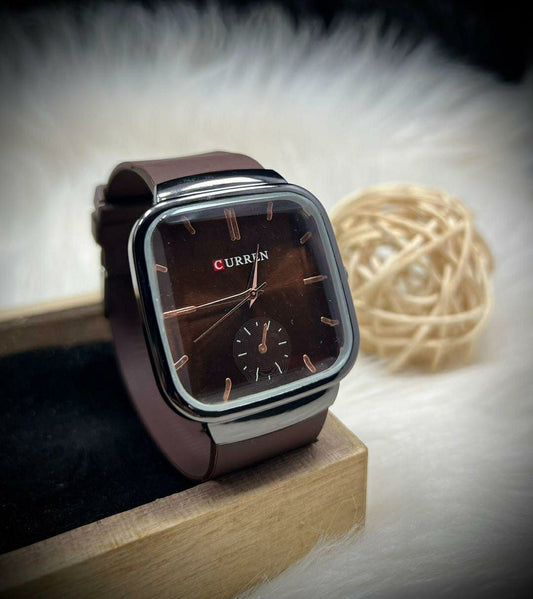Men's Square Quartz Analogue Watch with Brown Silicone Strap (Brown)