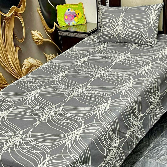 Luxurious Grey Cotton Printed Single Bedsheet Set - 2 Pcs