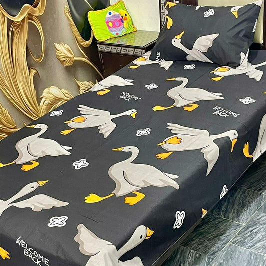 Elegant Black Printed Cotton Single Bedsheet Set - 2 Pcs