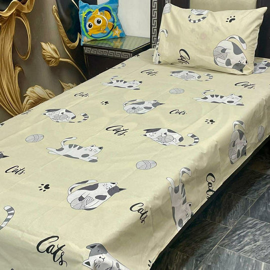 Elegant Off White Printed Cotton Single Bedsheet Set with Pillow Covers