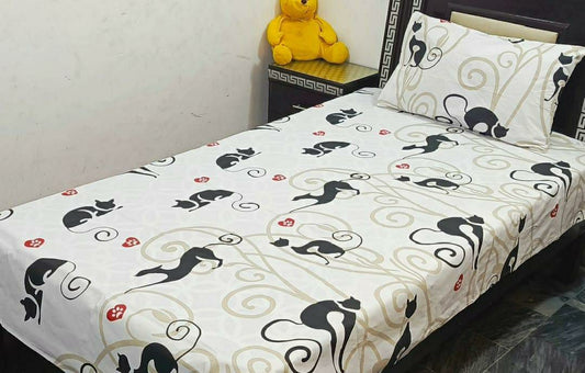 Elegant Printed Cotton Single Bed Set - 2 Pcs in White