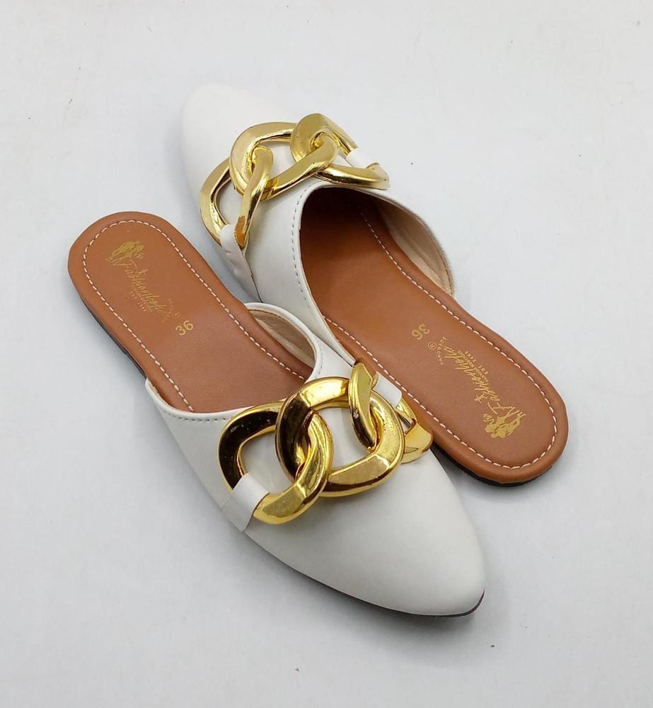 Women's Rexine Casual Pumps (White Golden Design)