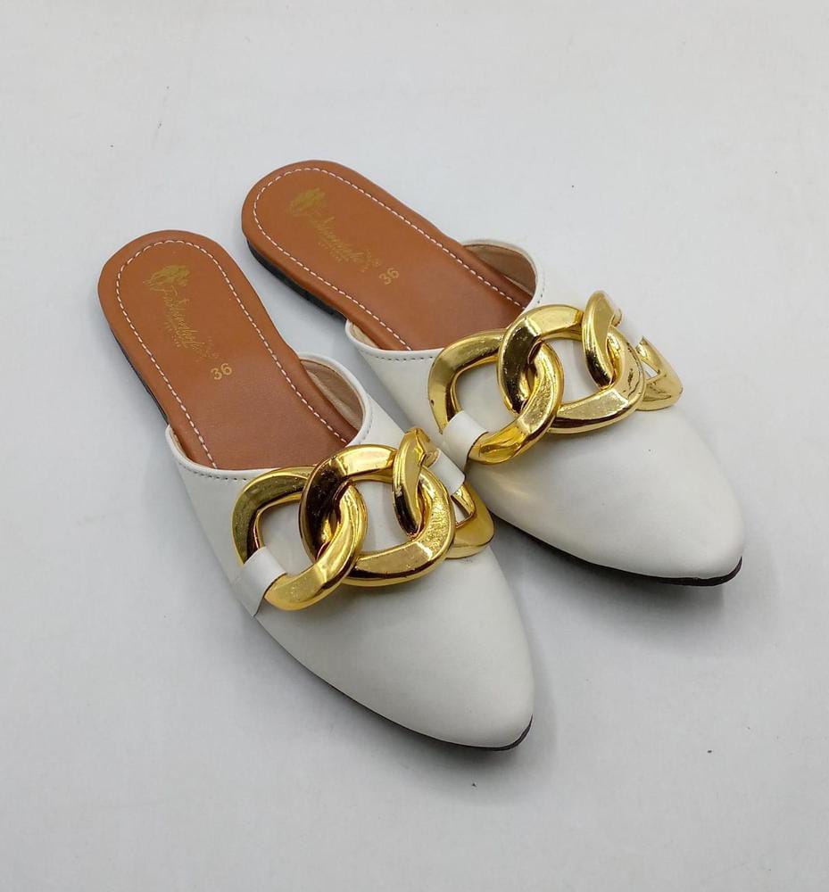Women's Rexine Casual Pumps (White Golden Design)