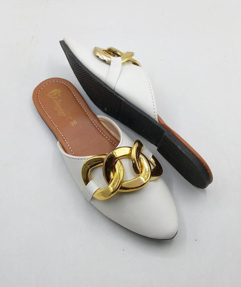 Women's Rexine Casual Pumps (White Golden Design)