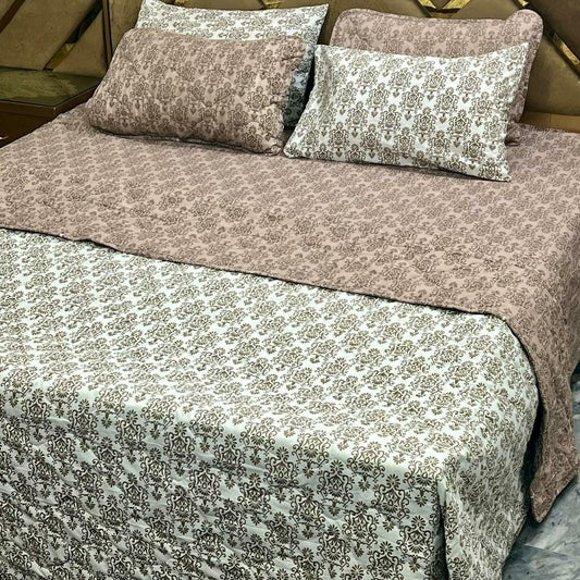6 Pcs Cotton Printed Comforter Set for King Size Bed (Pink & White)