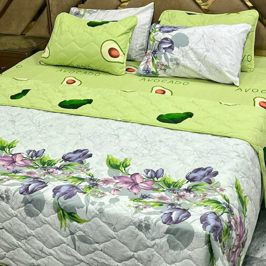 6 Pcs Cotton Printed Comforter Set for King Size Bed (Parrot Green & White)