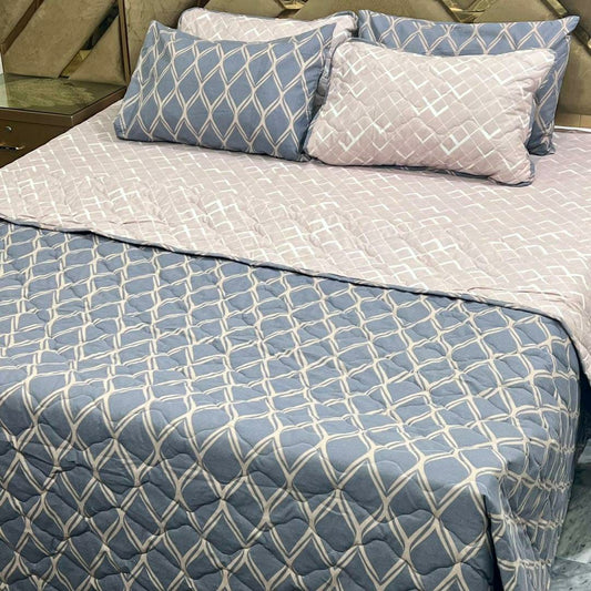 6 Pcs Cotton Printed Comforter Set for King Size Bed (Blue & Pink)