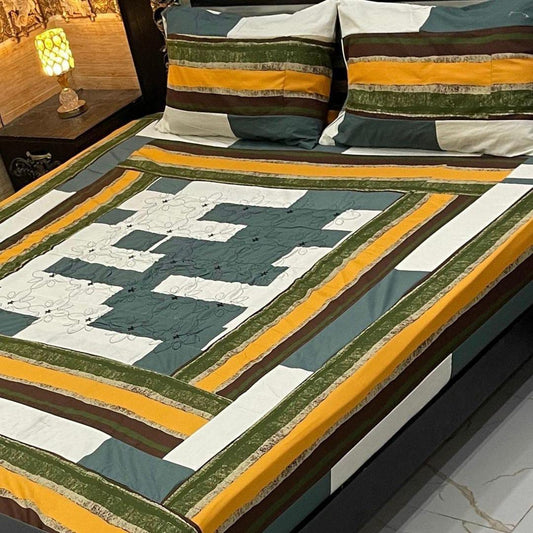 Multicolor Patchwork Cotton Double Bedsheet Set - 3 Pcs