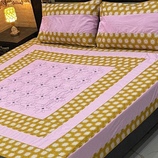 Charming Pink Cotton Patchwork Double Bedsheet Set - 3 Pcs