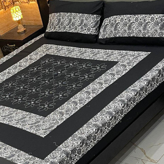 Cotton Patchwork Double Bedsheet Set - 3 Pcs, Black